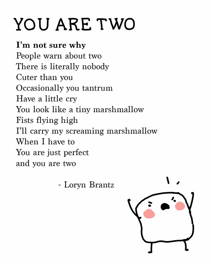 Poem about toddlers and parenting challenges with a cute marshmallow character illustration by Loryn Brantz.