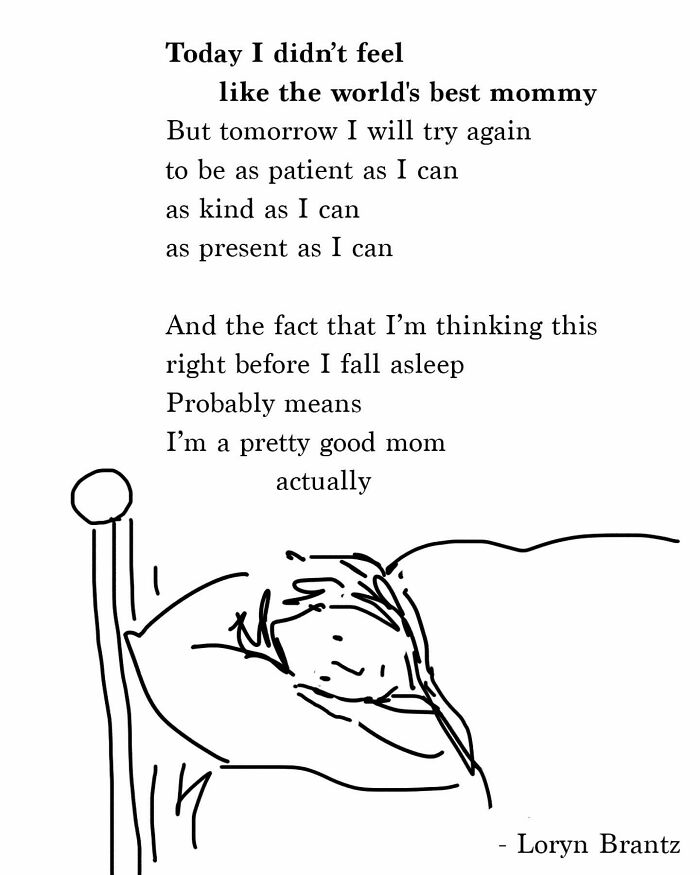 Hand-drawn poem about the challenges and joys of parenting, with a sketch of a mother resting in bed.