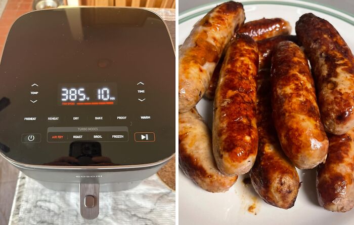 Modern air fryer set to 385 degrees cooking crispy golden brown sausages on a white plate for 11.11 deals.