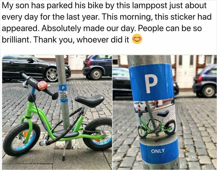 Child's green bike parked by lamppost with a creative sticker, showcasing faith in humanity restored through kind gestures.