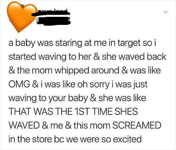 Text post about a total stranger and a baby waving at each other, restoring faith in humanity moments.