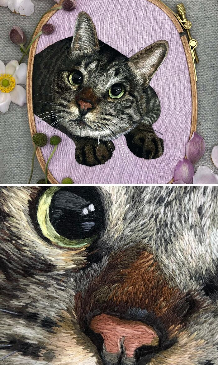 Hyperrealistic embroidery of a cat created by a creative person showcasing cool projects that may inspire life choices.