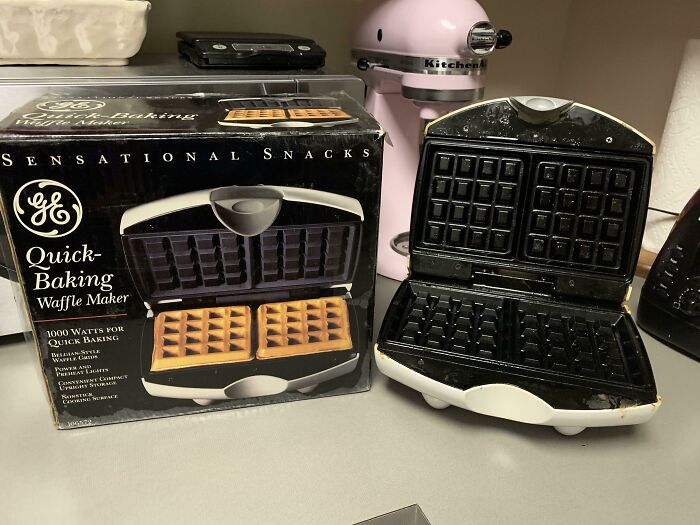 Black Friday chaos seen by employees with crowds and damaged products like this waffle maker in a kitchen setting