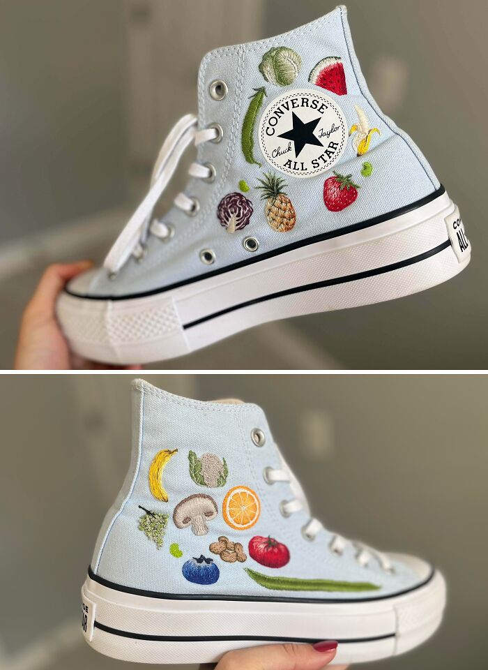 Light blue Converse shoes with creative hand-embroidered fruits and vegetables, showcasing unique creative projects.