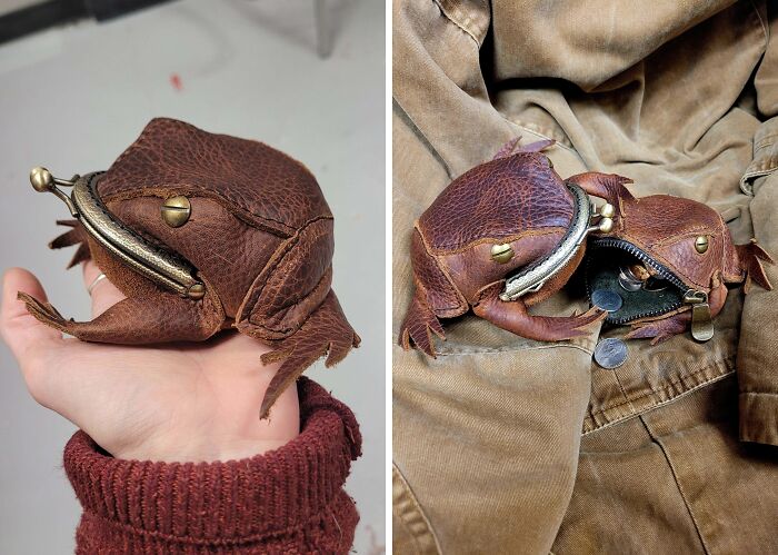 Leather coin purse shaped like a frog, a creative project showcasing unique and cool handmade accessories.