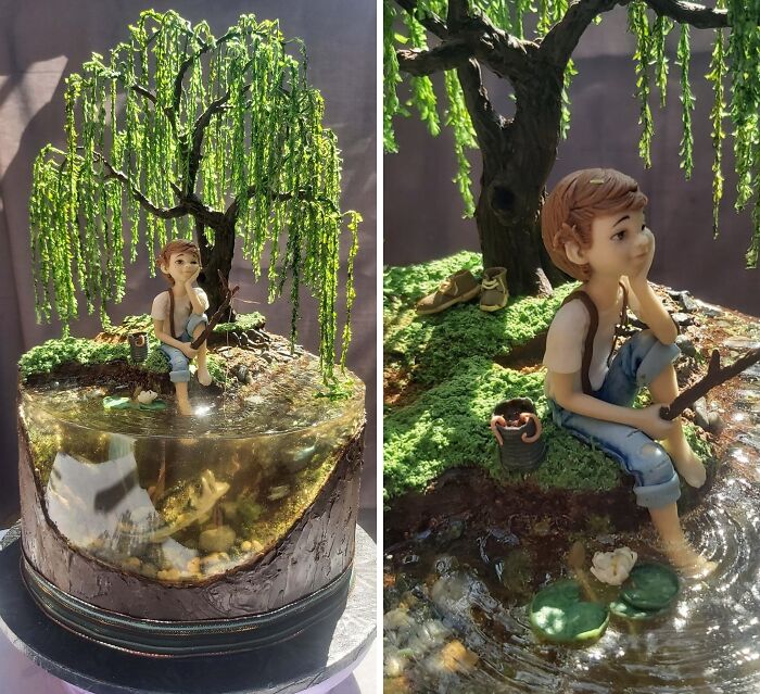 Miniature creative art project showing a boy fishing under a detailed tree in a pond diorama with moss and water effects.