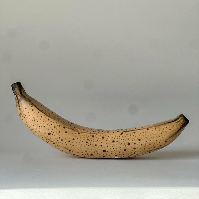 A creative spotted banana art piece displayed against a plain background, showcasing unique and cool projects.