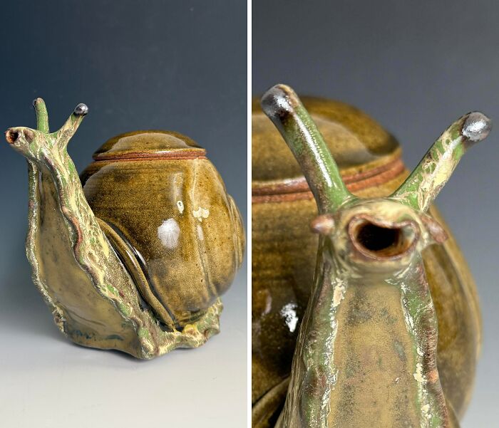 Handcrafted ceramic snail with glossy green and brown glaze, showcasing creative people and their cool projects in art form.