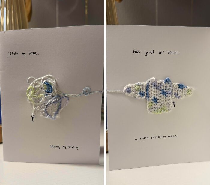 Creative project showing embroidered yarn transforming from a tangled mess to a neat pattern on paper, inspiring reflection.