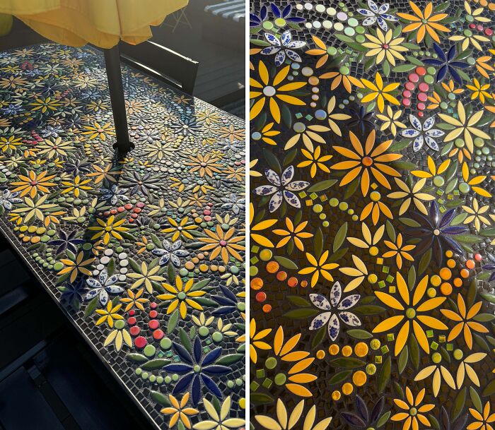 Colorful mosaic table featuring creative floral patterns, showcasing unique projects by imaginative people that inspire creativity and art.