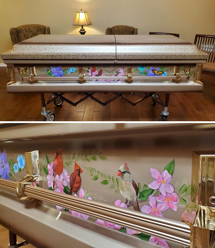 Decorative casket showcasing creative floral and bird artwork, highlighting unique projects by creative people.