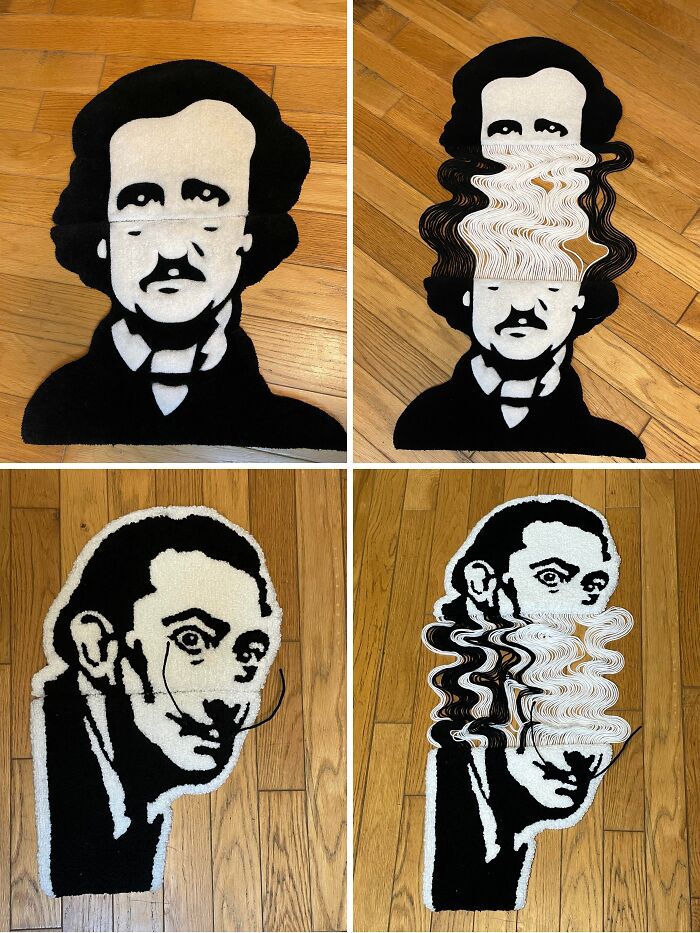 Creative people transforming portrait rugs into distorted art pieces on wooden floors, showcasing cool projects and inventive design.