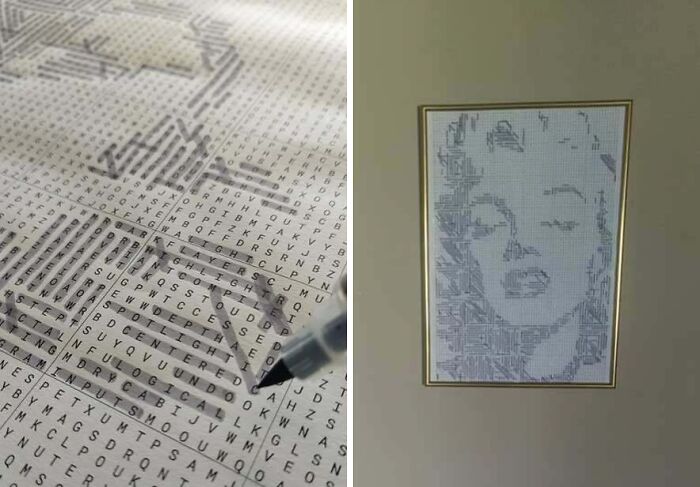Portrait of Marilyn Monroe created with a word search puzzle, showcasing creative people and their cool projects.