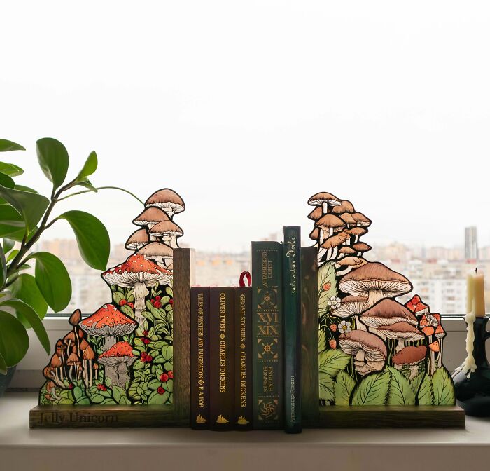 Creative bookends with detailed mushroom art holding classic literature, showcasing unique creative projects that inspire and captivate.