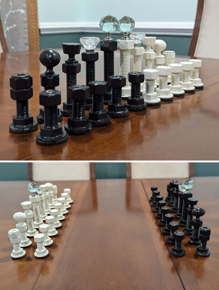 Creative people’s DIY chess set made from bolts and knobs displayed on a wooden table, showcasing cool projects.