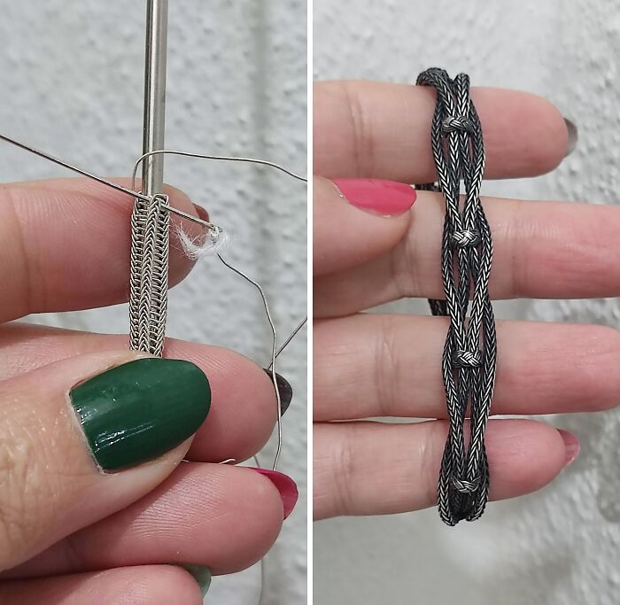 Close-up of hands crafting and holding a detailed silver wire bracelet showcasing creative people cool projects.