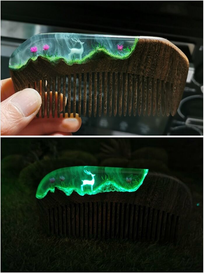 Handcrafted creative wooden comb with glowing resin featuring a deer and flowers, showcasing unique artistic projects.