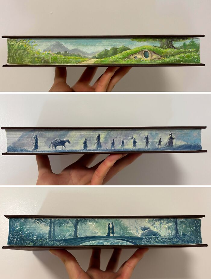 Hand-painted book edges featuring creative people and cool projects in detailed fantasy and nature scenes.