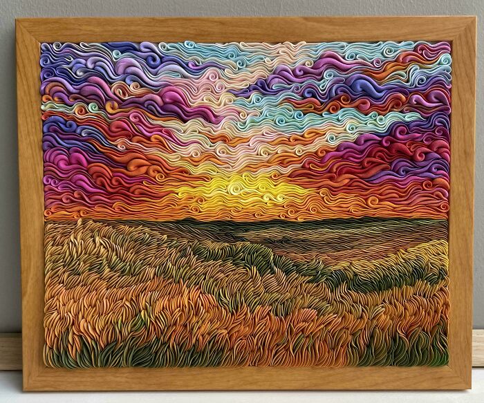 Colorful textured landscape artwork showcasing creative people’s cool projects with vibrant sunset and grassy field details.