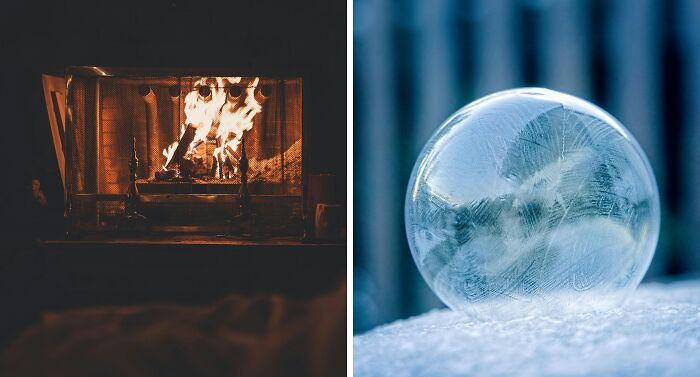 A cozy fireplace burning wood on the left and a frozen soap bubble resting on snow on the right, illustrating annoying life choices.