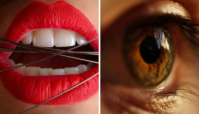 Close-up of red lips with metal wires and a detailed amber eye, illustrating annoying life choices and making tough picks.