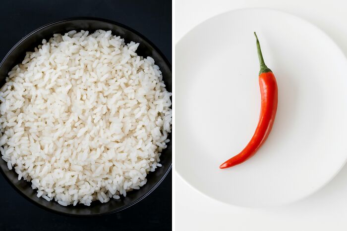 A bowl of white rice next to a single red chili pepper on a white plate, illustrating annoying life choices.