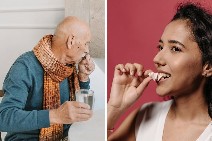 Elderly man coughing and holding water contrasted with young woman eating popcorn, illustrating annoying life choices.