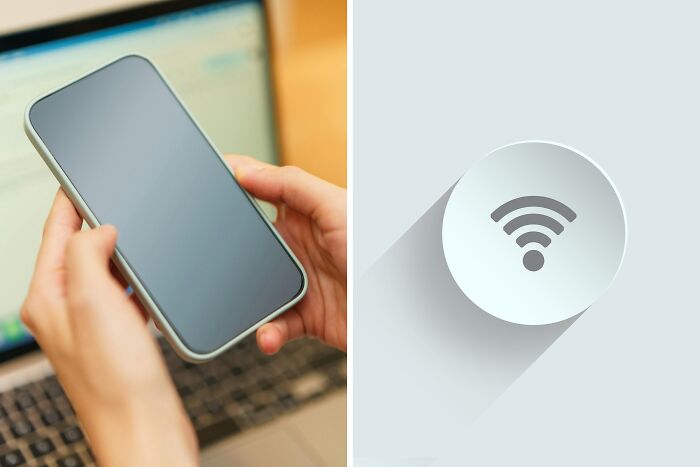 Person holding smartphone with laptop in background next to wireless internet signal icon representing annoying life choices poll.