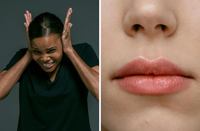 Person covering ears in frustration next to close-up of lips, illustrating annoying life choices in a 50-50 poll concept.