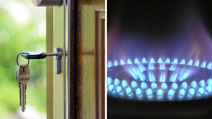 Key in a door lock on the left and a blue gas stove flame burning on the right, illustrating annoying life choices.