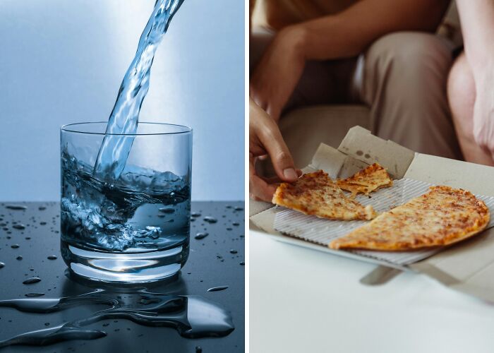 A glass of water being poured and a person picking a slice of pizza, illustrating annoying life choices in a 50-50 poll.