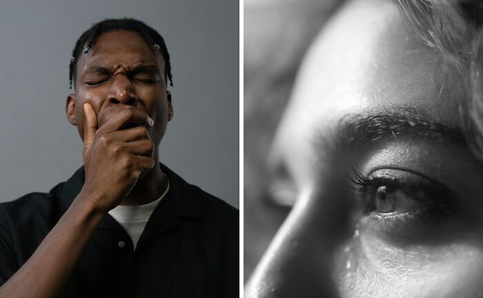 A man yawning tiredly and a close-up of a tearful eye depicting annoying life choices and emotional struggle.