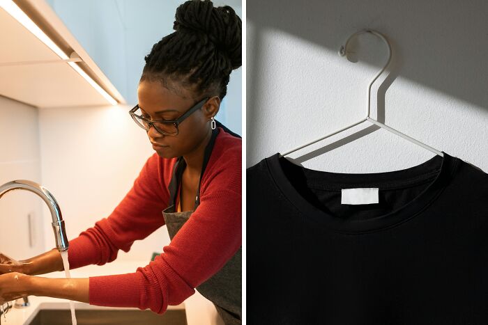 Woman washing hands in kitchen and black shirt on a hanger representing annoying life choices 50-50 poll options.