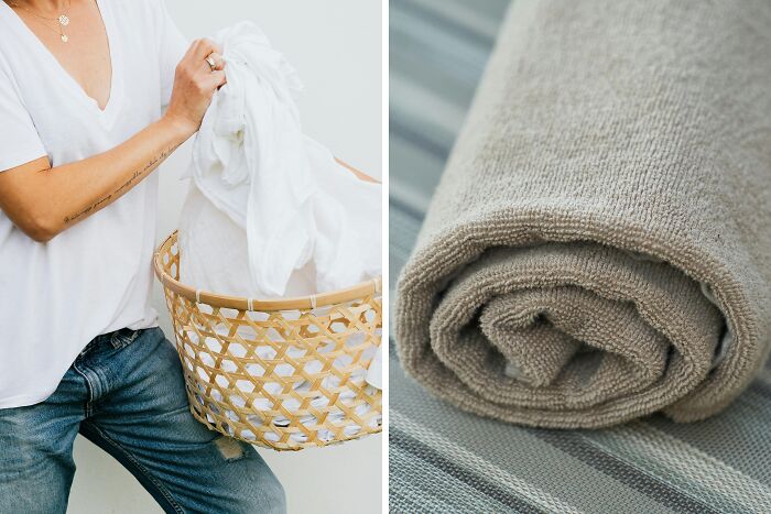 Person holding a laundry basket with white clothes and a rolled-up beige towel highlighting annoying life choices.