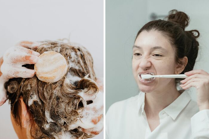 Person washing hair with soap on the left, and another person brushing teeth on the right showing annoying life choices.