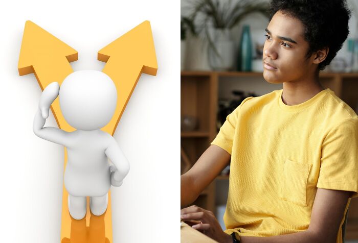 Person in yellow shirt looking thoughtful next to 3D figure facing two yellow arrows representing annoying life choices poll decision.