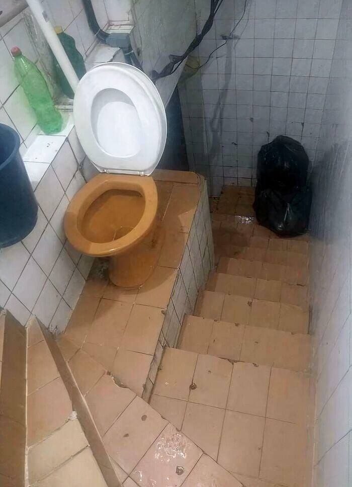Stairs leading down to a toilet placed dangerously at the top landing in a small tiled bathroom setting.