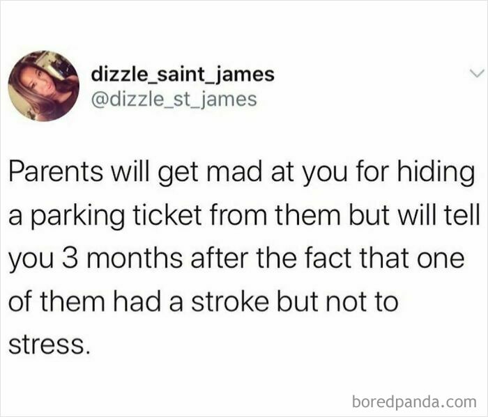 Screenshot of a funny meme about parents hiding a parking ticket, illustrating humor in everyday family situations.