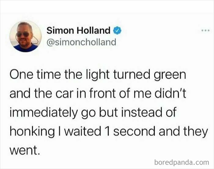 Tweet about waiting patiently at a green light, humorously shared as a funny meme to scroll and enjoy.
