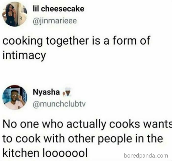 Funny meme about cooking and intimacy, illustrating humor commonly found in memes to scroll instead of doing anything else.