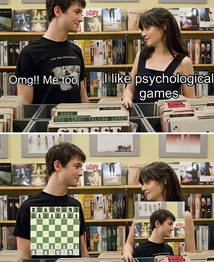 Young man and woman in a record store sharing a hilarious educational meme about psychological games and chess strategy.