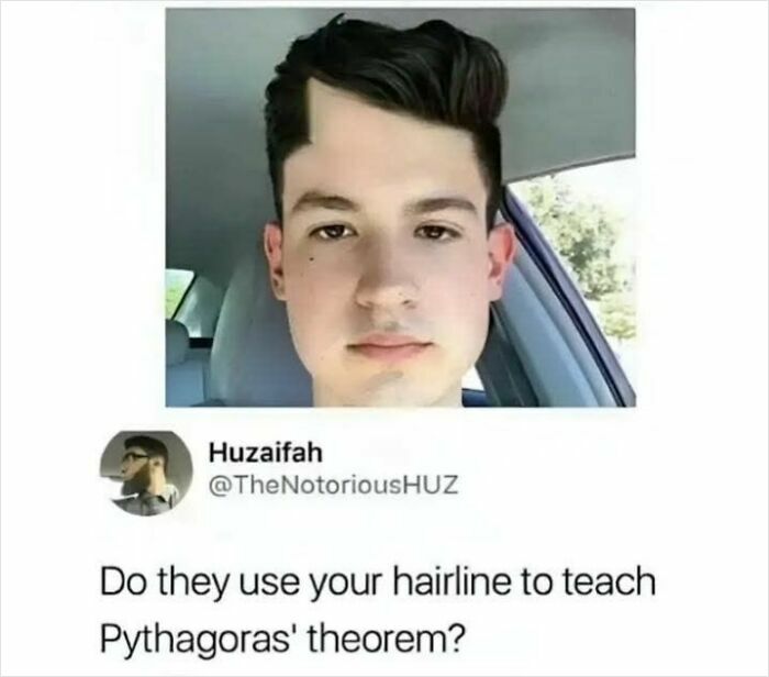 Young man with a distinct hairline, featured in hilarious educational memes about math and Pythagoras' theorem.