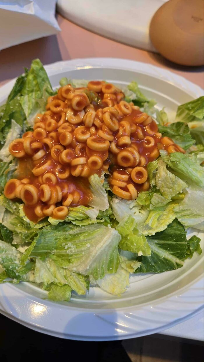 Plate of lettuce topped with canned pasta rings in tomato sauce, an example of dishes that are just stupid.