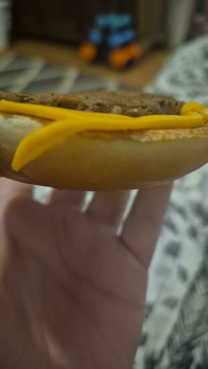 Close-up of a burger with unevenly placed cheese inside a bun, one of the dishes that are just stupid.