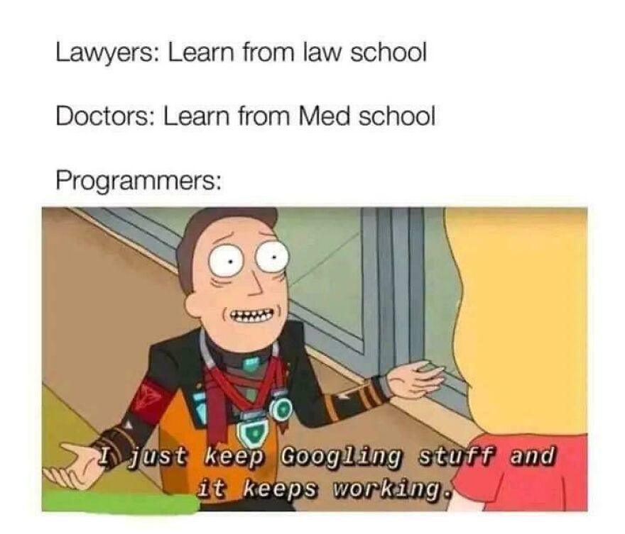 Programmers relying on Googling solutions, illustrating a funny programming meme about debugging struggles and coding challenges.