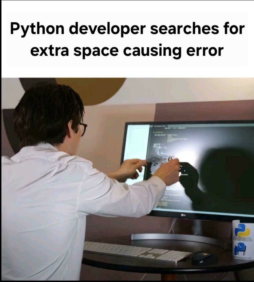 Programmer humor showing a developer debugging code on a monitor, illustrating the universal struggle of programming errors.