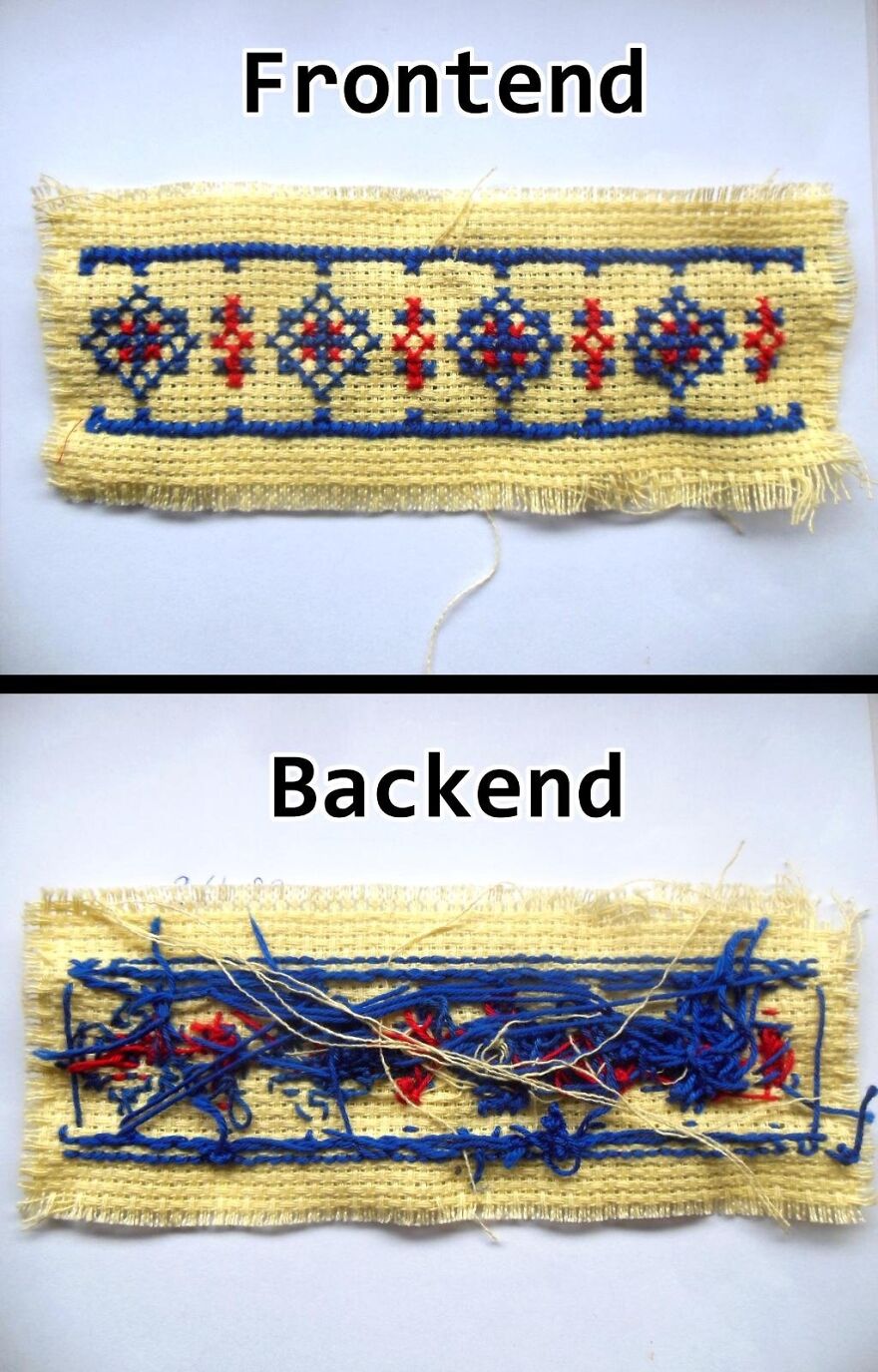 Embroidered fabric illustrating frontend as clean and backend as messy, highlighting programming and debugging struggles.