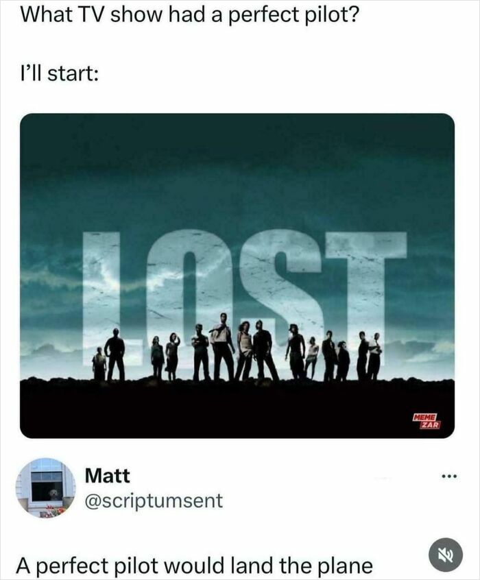 Meme showing Lost TV show cast with caption about a perfect pilot and a witty reply about landing the plane.