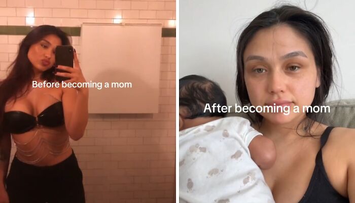 Side-by-side photos of a mom before and after having kids, showing honest and relatable motherhood moments.