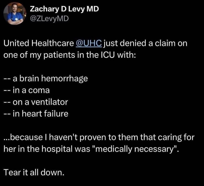 Tweet from Dr. Zachary D Levy MD sharing a failed healthcare claim denial story with serious patient conditions mentioned.